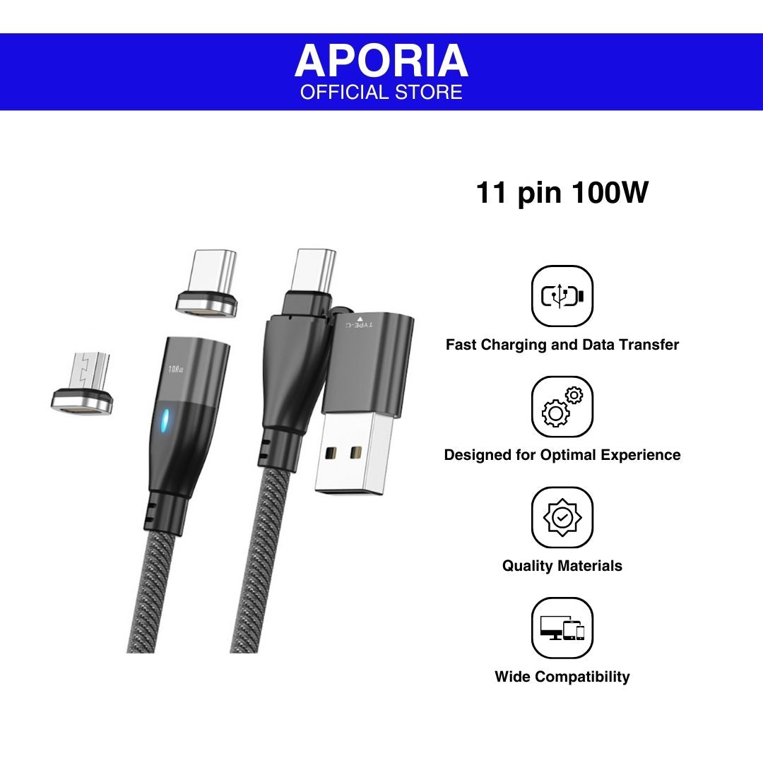 Aporia 11PIN Magnetic Charging Cable - USB Type A and USB Type C (6-in-1): Versatile magnetic charging cable compatible with multiple devices, offering seamless connectivity and convenience.
