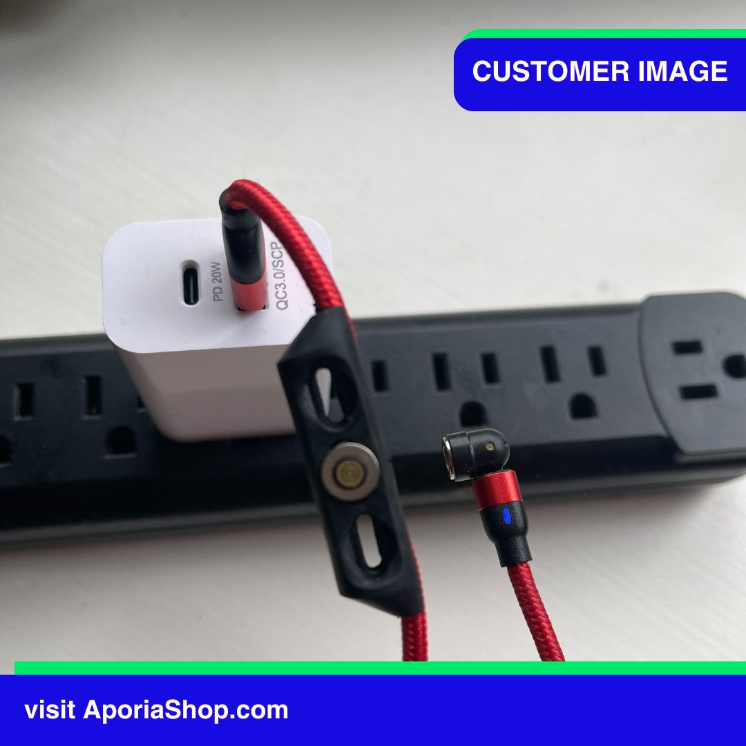 Customer image of a red and black charger with power outlet, 5Pin 540° Rotating Cable.