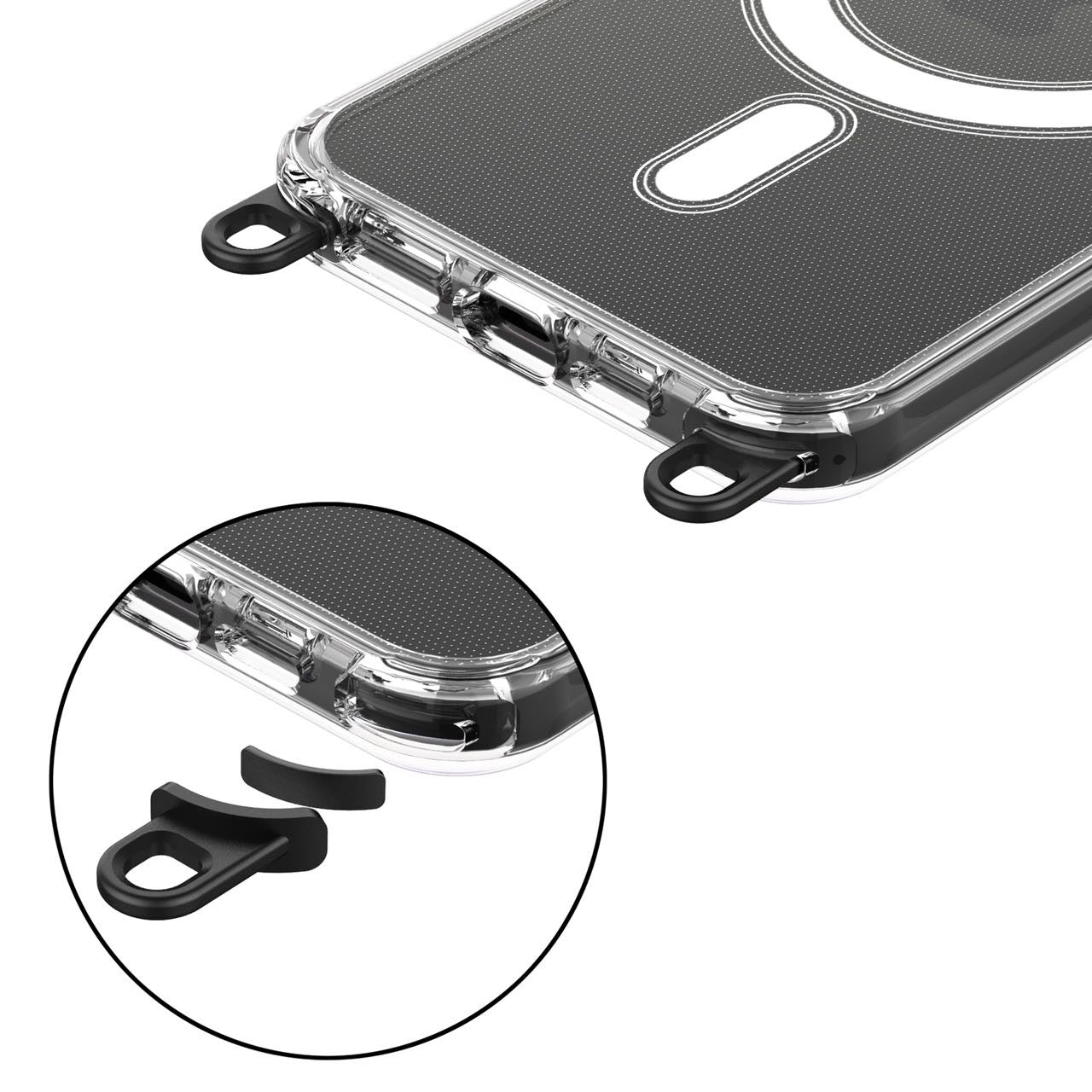 Aporia MagSafe Clear Case for iPhone 15+ with 3 Sets of Removable Hooks and Adjustable Lanyard: Transparent protective case featuring MagSafe compatibility, 3 removable hooks, and an adjustable lanyard for enhanced versatility and convenience.