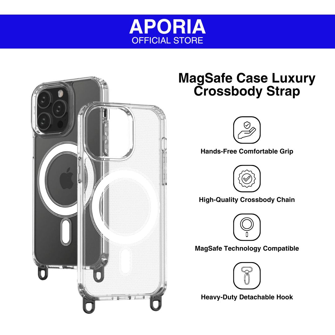 Aporia MagSafe Clear Case for iPhone 15+ with 3 Sets of Removable Hooks and Adjustable Lanyard: Clear case with MagSafe compatibility, includes multiple hooks and adjustable lanyard for versatility and convenience.