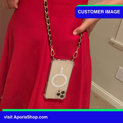 Image of a customer in red dress using Aporia MagSafe Clear Case - Luxury Crossbody Strap for iPhone 15/14/13/12