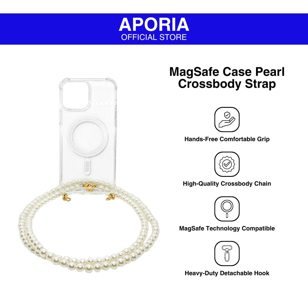 Aporia MagSafe Clear Case - Pearl Crossbody Strap for iPhone 15/14/13/12: Stylish clear case with MagSafe compatibility and a pearl crossbody strap, offering both protection and elegance for your device.