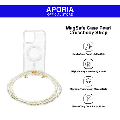 Aporia MagSafe Clear Case - Pearl Crossbody Strap for iPhone 15/14/13/12: Stylish clear case with MagSafe compatibility and a pearl crossbody strap, offering both protection and elegance for your device.