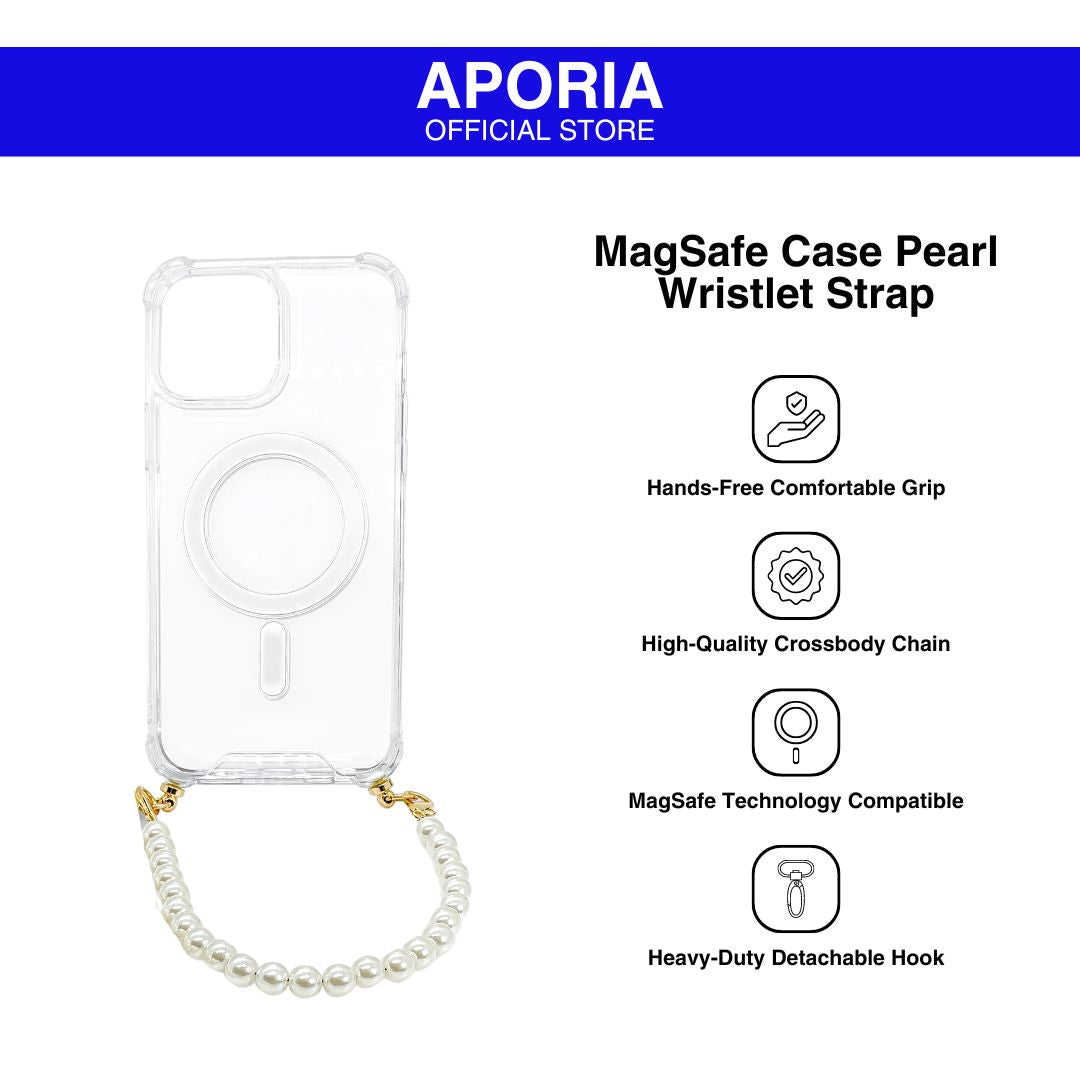 Aporia MagSafe Clear Case - Pearl Wristlet Strap for iPhone 15/14/13/12: Stylish clear case with MagSafe compatibility and a pearl wristlet strap, providing both protection and elegance for your device.