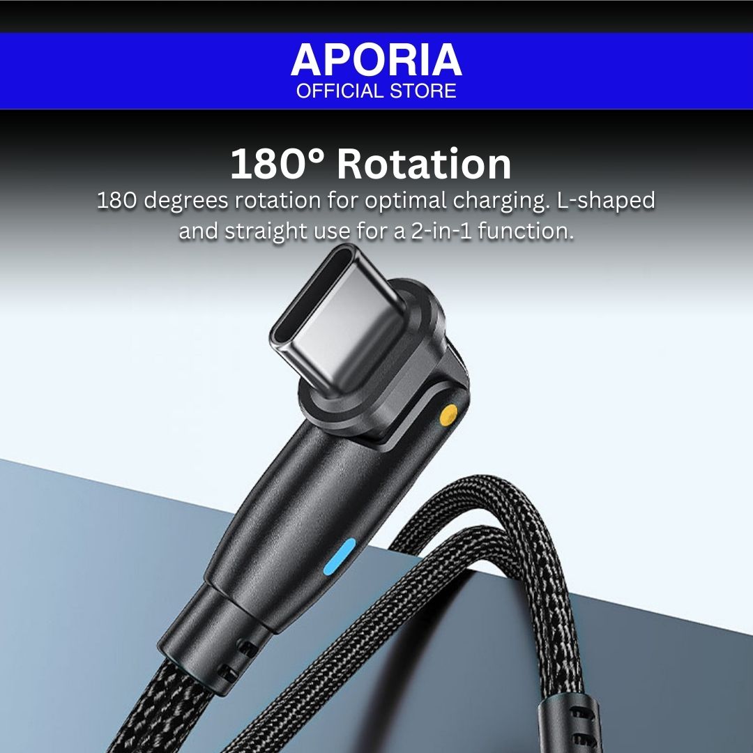 Aporia 20W USB Type C Magnetic Charging Cable - 180 Degree Rotation: Innovative magnetic cable with flexible rotation, offering efficient charging and seamless connectivity for iPhone 15 Pro Max, iPhone 15 Pro, iPhone 15 Plus, iPhone 15, iPhone 14 Pro Max, iPhone 14 Pro, iPhone 14 Plus, iPhone 14, iPhone 13 Pro Max, iPhone 13 Pro, iPhone 13 Mini, iPhone 13, iPhone 12 Pro Max, iPhone 12 Pro, iPhone 12 Mini, iPhone 12. 180 degrees rotation for optimal charging. L-shaped and straight use for a 2-in-1 function.