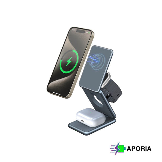 Aporia wireless charging stand: 3-in-1 MagSafe foldable charging station for iPhone 15/14/13/12, AirPods, and iWatch.