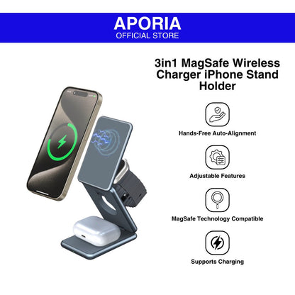 MagSafe foldable wireless charging station for iPhone 15/14/13/12 series, AirPods, and iWatch.