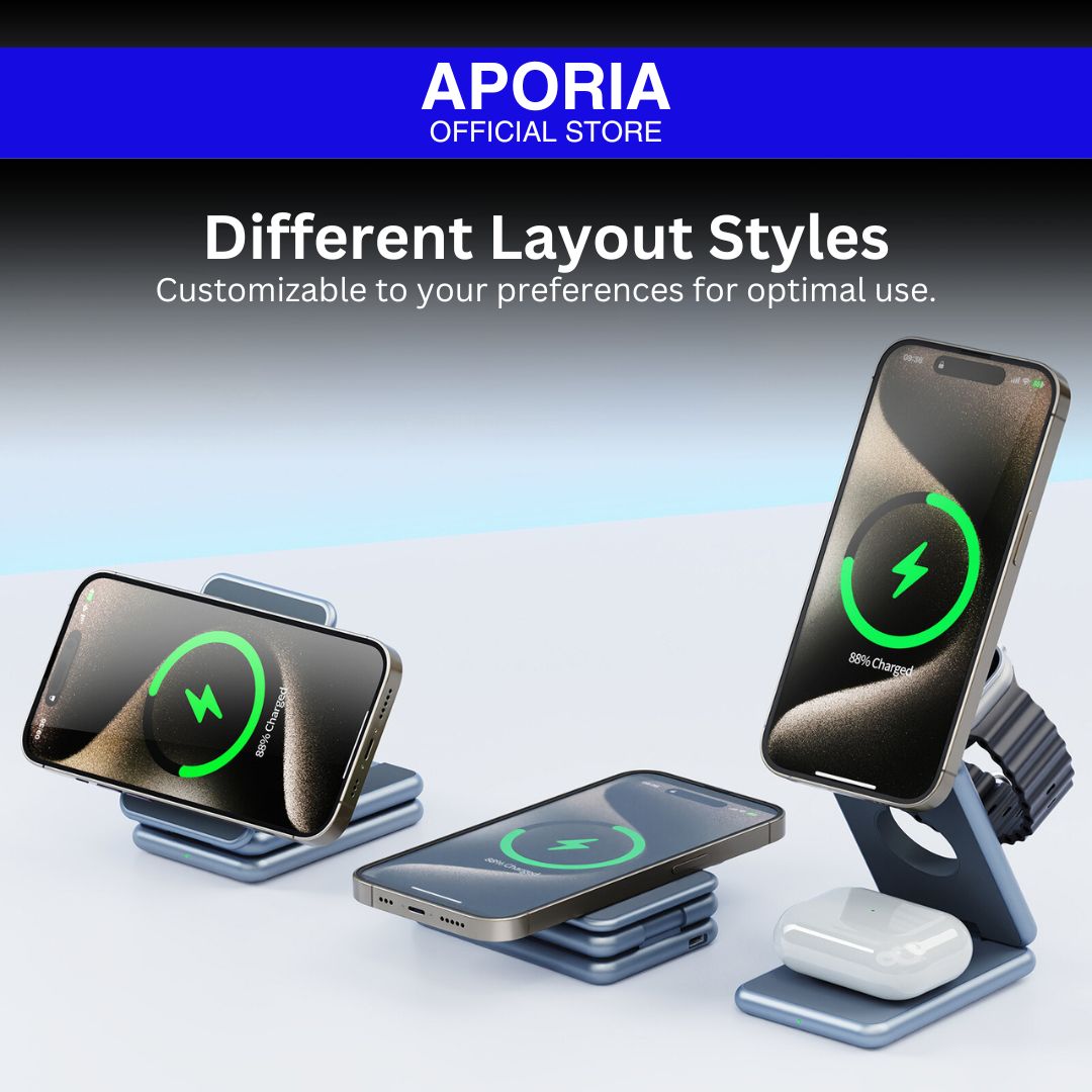 Aporia wireless charging stand for iPhone 15 Pro Max, iPhone 15 Pro, iPhone 15 Plus, iPhone 15, iPhone 14 Pro Max, iPhone 14 Pro, iPhone 14 Plus, iPhone 14, iPhone 13 Pro Max, iPhone 13 Pro, iPhone 13 Mini, iPhone 13, iPhone 12 Pro Max, iPhone 12 Pro, iPhone 12 Mini, iPhone 12 . 3-in-1 MagSafe foldable charging station for iPhone 15/14/13/12 series, AirPods, and iWatch. Customizable layout styles for optimal use.