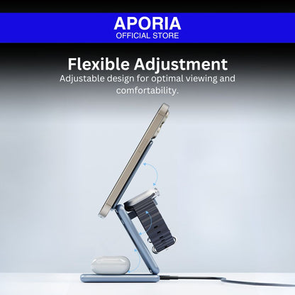 Aporia adjustable stand for iPhone 15 Pro Max, iPhone 15 Pro, iPhone 15 Plus, iPhone 15, iPhone 14 Pro Max, iPhone 14 Pro, iPhone 14 Plus, iPhone 14, iPhone 13 Pro Max, iPhone 13 Pro, iPhone 13 Mini, iPhone 13, iPhone 12 Pro Max, iPhone 12 Pro, iPhone 12 Mini, iPhone 12 : 3-in-1 MagSafe foldable wireless charging station for iPhone 15/14/13/12 series, AirPods, and iWatch. Flexible and adjustable for optimal viewing and comfort.