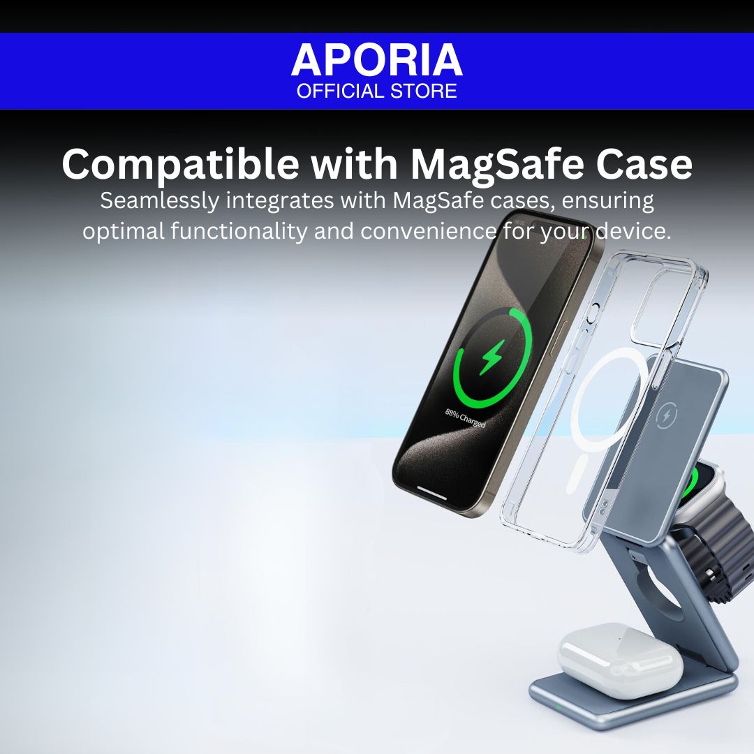 Aporia adjustable stand for iPhone 15 Pro Max, iPhone 15 Pro, iPhone 15 Plus, iPhone 15, iPhone 14 Pro Max, iPhone 14 Pro, iPhone 14 Plus, iPhone 14, iPhone 13 Pro Max, iPhone 13 Pro, iPhone 13 Mini, iPhone 13, iPhone 12 Pro Max, iPhone 12 Pro, iPhone 12 Mini, iPhone 12: 3-in-1 MagSafe foldable wireless charging station for iPhone 15/14/13/12 series, AirPods, and iWatch. Compatible with MagSafe Case. Seamlessly integrates with MagSafe cases, ensuring optimal functionality and convenience for your device.
