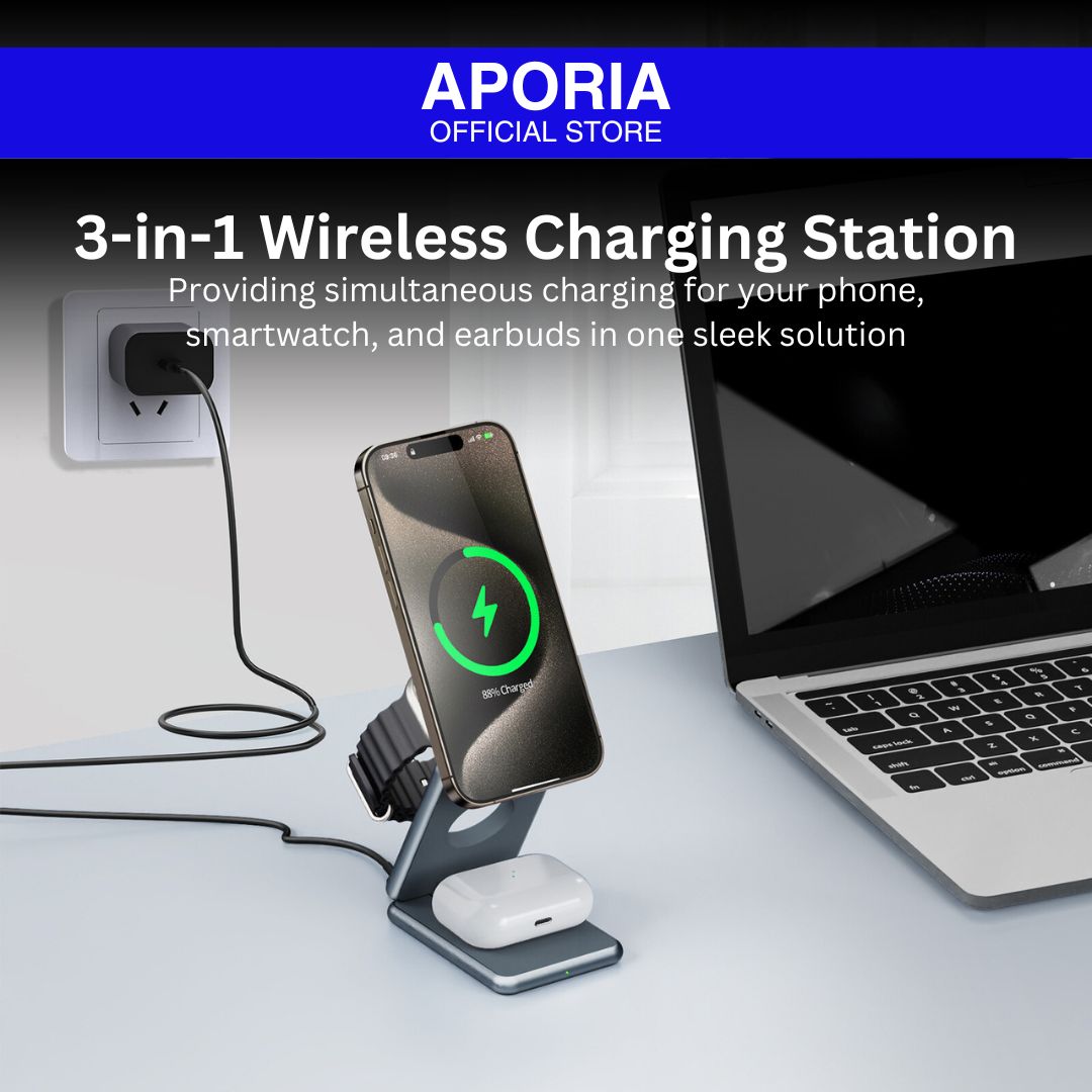 Aporia adjustable stand for iPhone 15 Pro Max, iPhone 15 Pro, iPhone 15 Plus, iPhone 15, iPhone 14 Pro Max, iPhone 14 Pro, iPhone 14 Plus, iPhone 14, iPhone 13 Pro Max, iPhone 13 Pro, iPhone 13 Mini, iPhone 13, iPhone 12 Pro Max, iPhone 12 Pro, iPhone 12 Mini, iPhone 12: 3-in-1 MagSafe foldable wireless charging station for iPhone 15/14/13/12 series, AirPods, and iWatch. Providing simultaneous charging for your phone, smartwatch, and earbuds in one sleek solution