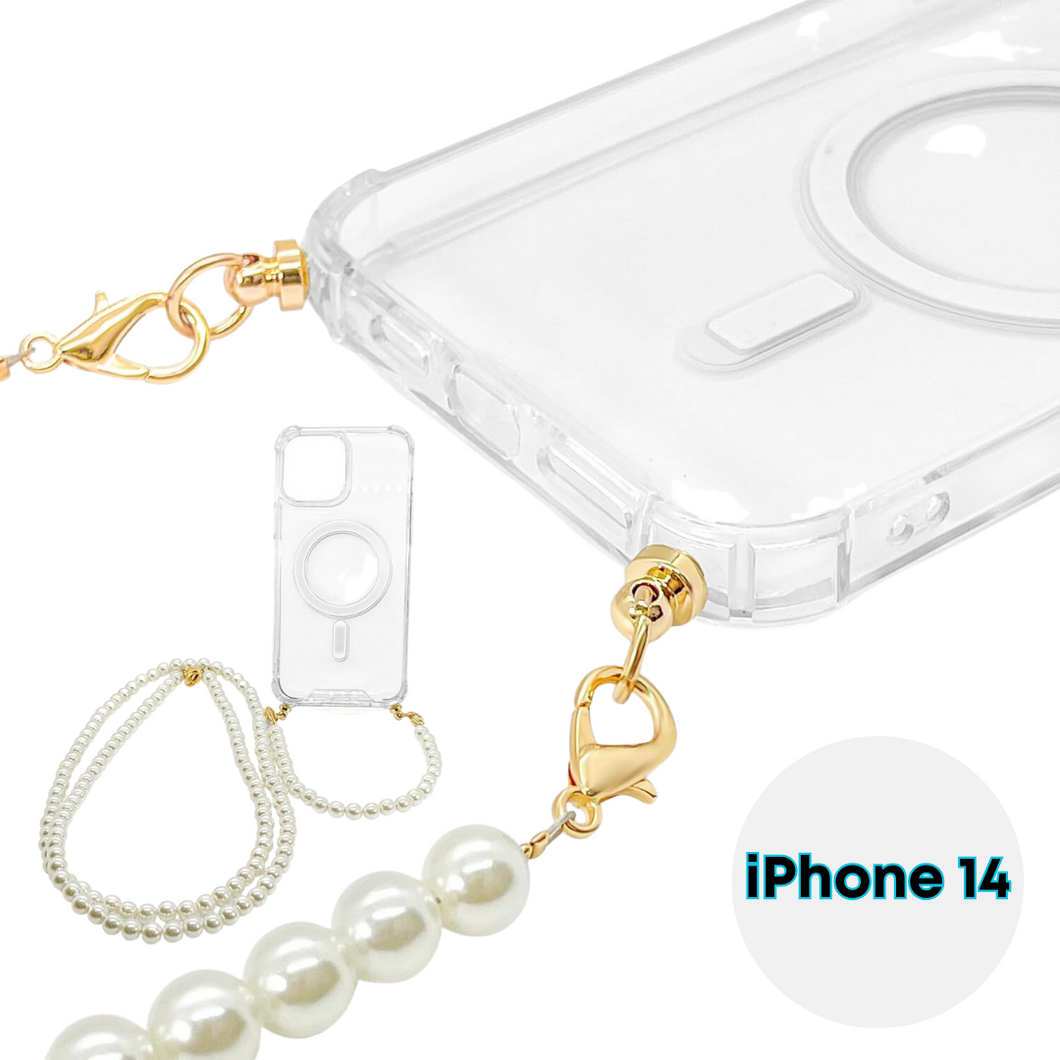 Aporia - iPhone 14 - Magsafe Clear Case with Two Set Wristlet + Crossbody Pearl Straps Removable | Compatible for MagSafe Wireless Charging + Luxury Design (iPhone 14)