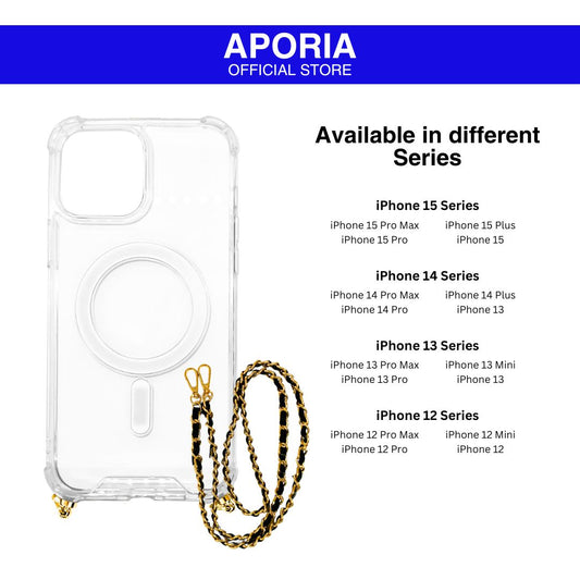 Aporia MagSafe Clear Case - Luxury Crossbody Strap for iPhone 15 Pro Max, iPhone 15 Pro, iPhone 15 Plus, iPhone 15, iPhone 14 Pro Max, iPhone 14 Pro, iPhone 14 Plus, iPhone 14, iPhone 13 Pro Max, iPhone 13 Pro, iPhone 13 Mini, iPhone 13, iPhone 12 Pro Max, iPhone 12 Pro, iPhone 12 Mini, iPhone 12.
