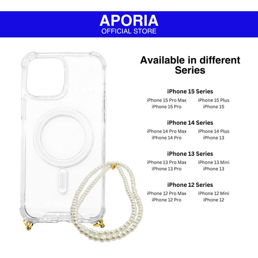 Aporia Magsafe Clear Case - Pearl Crossbody Strap for iPhone 15 Pro Max, iPhone 15 Pro, iPhone 15 Plus, iPhone 15, iPhone 14 Pro Max, iPhone 14 Pro, iPhone 14 Plus, iPhone 14, iPhone 13 Pro Max, iPhone 13 Pro, iPhone 13 Mini, iPhone 13, iPhone 12 Pro Max, iPhone 12 Pro, iPhone 12 Mini, iPhone 12.