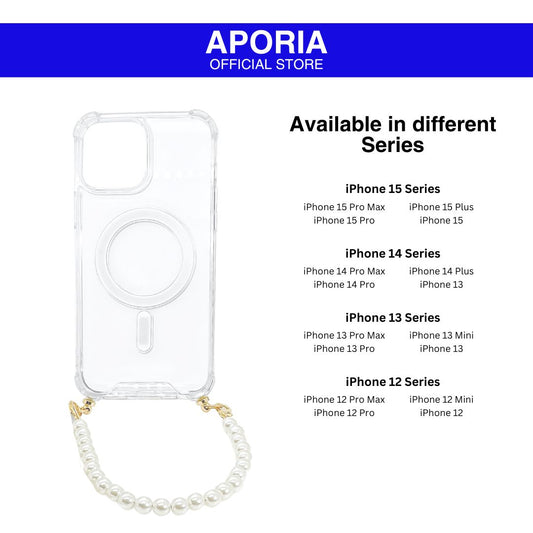 Aporia MagSafe Clear Case - Pearl Wristlet Strap for iPhone 15 Pro Max, iPhone 15 Pro, iPhone 15 Plus, iPhone 15, iPhone 14 Pro Max, iPhone 14 Pro, iPhone 14 Plus, iPhone 14, iPhone 13 Pro Max, iPhone 13 Pro, iPhone 13 Mini, iPhone 13, iPhone 12 Pro Max, iPhone 12 Pro, iPhone 12 Mini, iPhone 12.