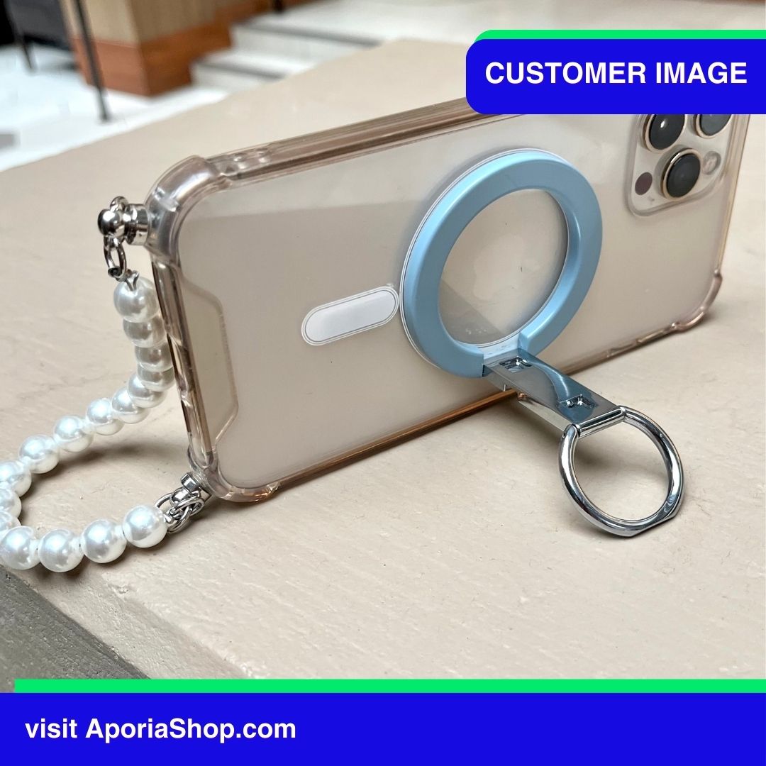 Customer image of MagSafe Magnetic Ring Finger Holder Stand with iPhone on landscape view