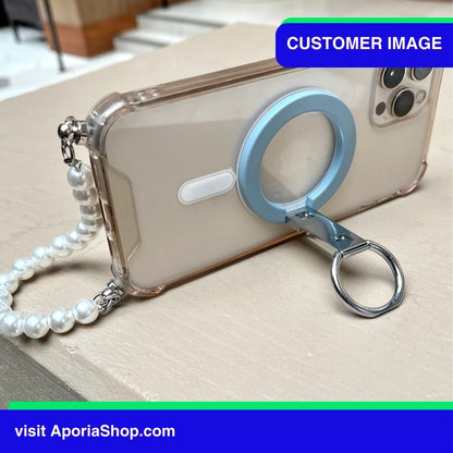 Customer image of MagSafe Magnetic Ring Finger Holder Stand with iPhone on landscape view