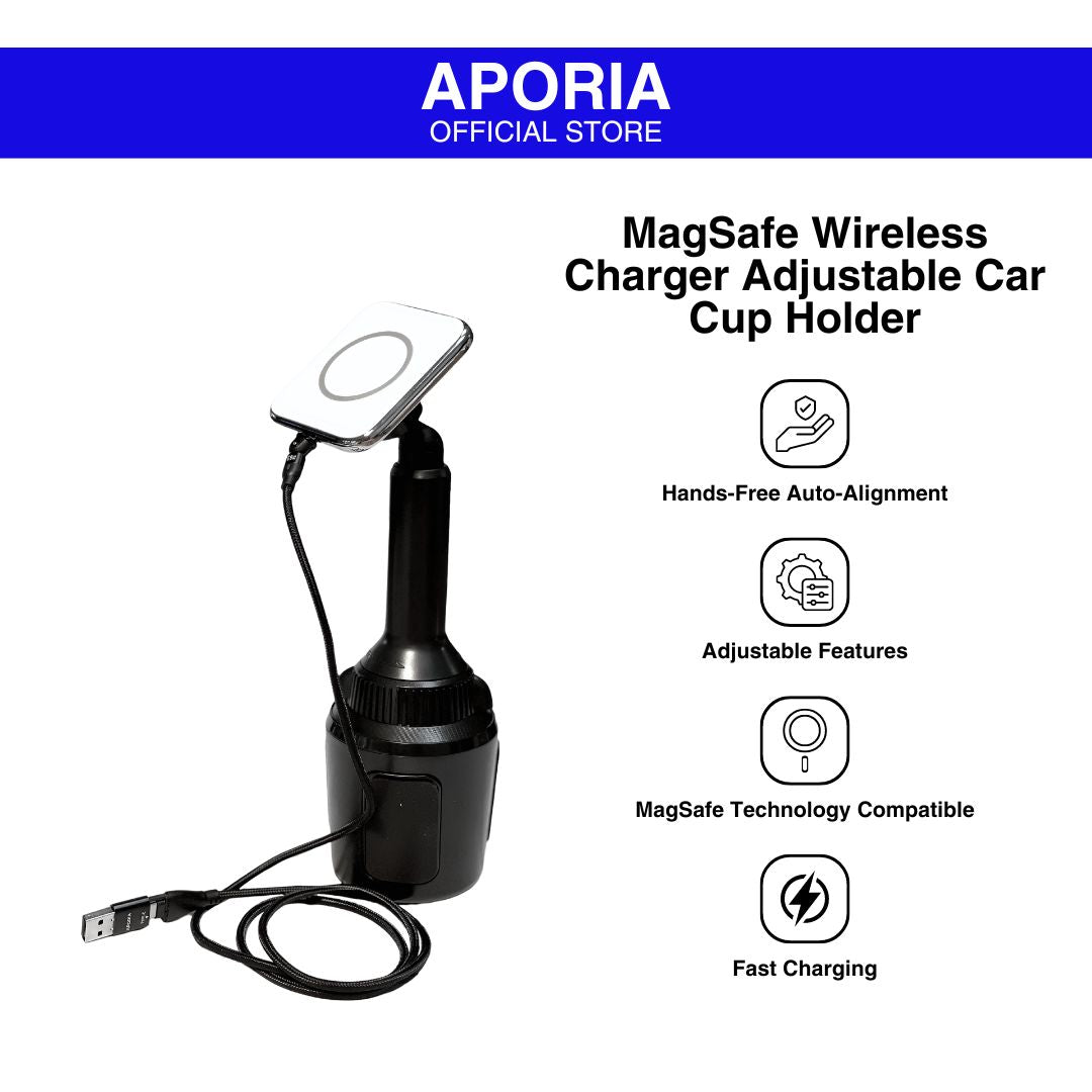 MagSafe Wireless Charger Adjustable Tesla Car Cup Holder Mount for iPhone: Convenient and adjustable cup holder mount with wireless charging capability, designed for Tesla cars and compatible with MagSafe technology.