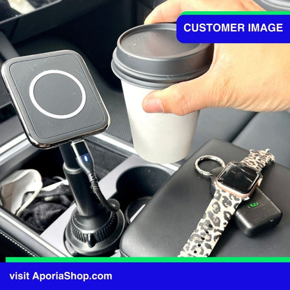Image of customer using MagSafe Wireless Charger Adjustable Car Cup Holder Mount inside Tesla 