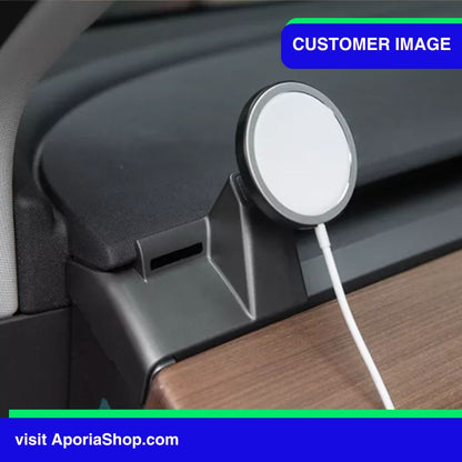 Customer image of MagSafe Wireless Charger Tesla Mount (Round) side view inside Tesla