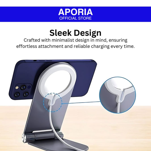 MagSafe Foldable Wireless Charging Station iPhone Stand Holder: Convenient foldable design for seamless charging of iPhone 15 Pro Max, iPhone 15 Pro, iPhone 15 Plus, iPhone 15, iPhone 14 Pro Max, iPhone 14 Pro, iPhone 14 Plus, iPhone 14, iPhone 13 Pro Max, iPhone 13 Pro, iPhone 13 Mini, iPhone 13, iPhone 12 Pro Max, iPhone 12 Pro, iPhone 12 Mini, iPhone 12 devices. Crafted with minimalist design in mind, ensuring effortless attachment and reliable charging every time.