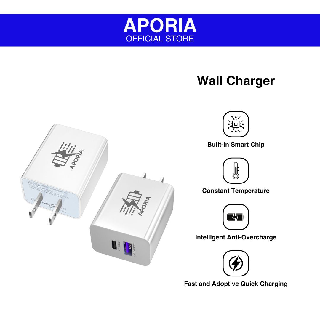 Aporia 20W Dual Port Wall Charger - USB Type A and USB Type C: Powerful and versatile wall charger with dual ports for efficient charging of multiple devices, ensuring convenience and reliability.