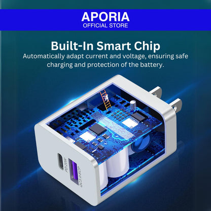 Aporia 20W Dual Port Wall Charger - USB Type A and USB Type C: Powerful and versatile wall charger with dual ports for efficient charging of multiple devices such as iPhone 15 Pro Max, iPhone 15 Pro, iPhone 15 Plus, iPhone 15, iPhone 14 Pro Max, iPhone 14 Pro, iPhone 14 Plus, iPhone 14, iPhone 13 Pro Max, iPhone 13 Pro, iPhone 13 Mini, iPhone 13, iPhone 12 Pro Max, iPhone 12 Pro, iPhone 12 Mini, iPhone 12. Automatically adapt current and voltage, ensuring safe charging and protection of the battery. 