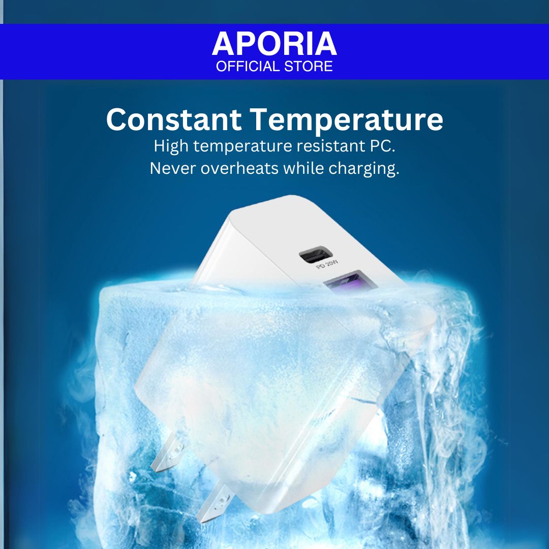 Aporia 20W Dual Port Wall Charger - USB Type A and USB Type C: Powerful and versatile wall charger with dual ports for efficient charging of multiple devices such as iPhone 15 Pro Max, iPhone 15 Pro, iPhone 15 Plus, iPhone 15, iPhone 14 Pro Max, iPhone 14 Pro, iPhone 14 Plus, iPhone 14, iPhone 13 Pro Max, iPhone 13 Pro, iPhone 13 Mini, iPhone 13, iPhone 12 Pro Max, iPhone 12 Pro, iPhone 12 Mini, iPhone 12. High temperature resistant PC.  Never overheats while charging.