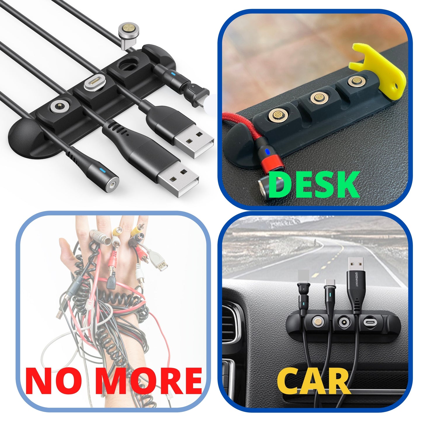 Magnetic Charging Tips Storage Desk Stick [5-Pack] with 4 Cord Organizer 3 Holes