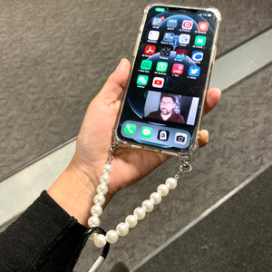 MagSafe Clear Case + Pearl Wristlet Strap | Compatible for MagSafe iPhone 12 13 14 15 Pro Max | Strap Lanyard for Strong Wireless Charging Luxury Design